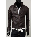 Men's Business Stand Collar Long Sleeve Zip Up Slim Fitted PU Jacket