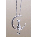 Girls' Lovely Cat Design Moon Shaped Silver Simple Necklace for Gift
