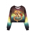 Long Sleeve Round Neck Wave Unicorn Pattern Cropped Loose Fitted Sweatshirt