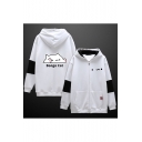 Fashion Letter BONGO CAT Cartoon Printed Color Block Zip Up Black and White Hoodie
