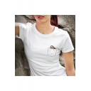 Lovely Cartoon Sloth Pocket Pattern Short Sleeve Crewneck Cotton Slim T-Shirt