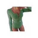 Stylish Lace-Up Chain Front Long Sleeve Slim Fitted Solid Bodysuit