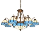 Mediterranean Style Blue&White Checkered Art Glass Chandelier with Bronze Finish Mermaid Arms