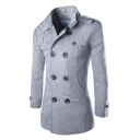 Men's Long Sleeve Stand Collar Double Breasted Fitted Wool Peacoat