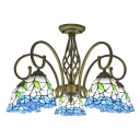 Blue Flower Patterned Shade Semi Flush Light Fixture with Cured Arms in Aged Brass Finish