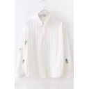 Girls Unique Pot Embroidered Long Sleeve White Simple Button Down Shirt