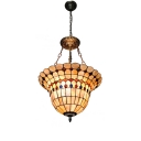 Tiffany Stained Glass Checkered Basket Shaped Inverted Hanging Light with Colorful Jewels