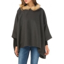 Winter's Fur Hood Asymmetrical Hem Oversized Woolen Cape Coat for Women