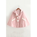 Lovely Rabbit Hoooded Fashion Pom Pom Button Closure Pink Cape Coat for Girls