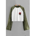 Chic Color Block Floral Embroidered Crewneck Long Sleeve Cropped Green T-Shirt