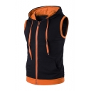 Stylish Color Block Hooded Sleeveless Zip Up Fitted Vest Coat for Men
