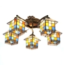 Vintage Bronze Finish 5-Light Semi-Flush Mount Ceiling Fixture with Small House Glass Shade
