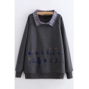 Cartoon Cat Embroidered Long Sleeve Patched Collar Casual Sweatshirt
