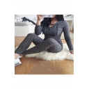 Gray Lace-Up Front Long Sleeve Ribbed Knit Slim Fitted Jumpsuits