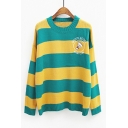 Badminton Letter Printed Classic Striped Crewneck Long Sleeve Sweater
