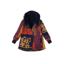 Fashion Color Block Pattern Long Sleeve Hooded Button Down Cotton-Padded Coat