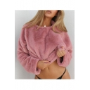 Fashionable Faux Fur Round Neck Long Sleeve Solid Cropped Sweatshirt for Girls
