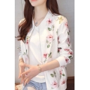 Chic Floral Printed Stand Collar Long Sleeve Zip Up Fitted Baseball Jacket