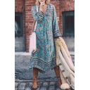 Chic Boho Style Green Floral Printed Long Sleeve Lace-Up V Neck Maxi Beach Dress