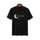 New Arrival Chic Letter Moon Pattern Round Neck Short Sleeve Black Casual T-Shirt