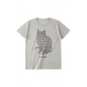 Unique Letter Cartoon Cat Pattern Round Neck Short Sleeve Casual T-Shirt
