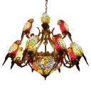 Parrot Designed Stained Glass Shade Center Bowl Chandelier in Shabby Chic Style