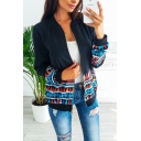 Stylish Geometric Printed Long Sleeve Stand Collar Zip Up Jacket for Women