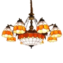Orange&White Checkered 1/2-Tier Tiffany Stained Glass Chandelier with Center Bowl