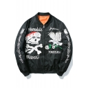 Black Fashion Letter Graffiti Skull Pattern Long Sleeve Zip Up MA-1 Bomber Jacket