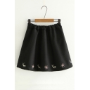 Elastic Waist High-Rise Deer Embroidered Hem Wool Mini A-Line Skirt for Juniors