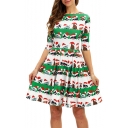 Christmas Cartoon Cat Pattern Half Sleeve Midi A-Line Green Pleated Dress