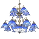Blue Stained Glass Nautical Style Center Bowl Chandelier with Mermaid Arms in Nickel Finish