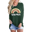 Women's Rainbow Letter Printed Round Neck Long Sleeve Loose Fitted T-Shirt