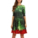 3D Green Galaxy Printed Half Sleeve Midi Pleated Dress for Women