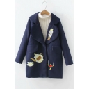 Funny Teapot Candle Holder Print Long Sleeve Button Down Woolen Coat