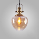 Adjustable 1 Head Bottle Hanging Light with Amber Glass Vintage Loft Style Pendant Lamp in Gold Finish