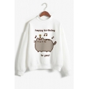 Hot Fashion Letter HAPPY BIRTHDAY I LOVE YOU Cartoon Cat Print Mock Neck White Sweatshirt