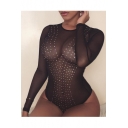 Sexy Black Sheer Drill Embellished Round Neck Long Sleeve Slim Fit Bodysuit