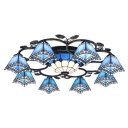 Dark/Light Blue Mediterranean Style Flush Mount Ceiling Light with 8 Small Lights and One Center Bowl