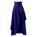 Gothic Lace-Up Front High Waist Solid A-Line Midi Asymmetrical Skirt