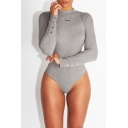 Crewneck Long Sleeve Button Embellished Cuff Solid Slim Fitted Bodysuit