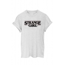 Letter STRANGE GIRL Printed Crewneck Short Sleeve Gray T-Shirt