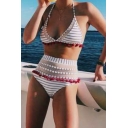 Hot Sexy Style Halter Stripes Printed Top High Waist Bottom Bikini Set