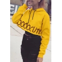 Unique Yellow Large Letter Print Long Sleeves Cropped Drawstring Hoodie