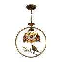 Victorian Dome Suspension Light Stained Glass 1 Bulb Bird Decoration Hanging Lamp in Multicolor