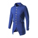Simple Long Sleeve Lapel Collar Single Breasted Plain Slim Blue Double-Faced Woolen Coat
