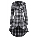 Winter's Classic Check Pattern Notched Lapel Collar Long Sleeve Double Breasted Midi Asymmetric Dress