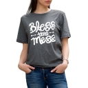 Popular Gray BLESS THIS MESS Round Neck Short Sleeve Women's Casual Tee