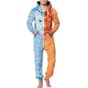 Unique Blue and Orange Two-Tone 3D Wolf Printed Long Sleeve Zip Front Hooded Jumpsuits