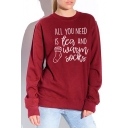 Fashion Letter ALL YOU NEED IS TEA AND WARM SOCKS Print Crewneck Long Sleeve Burgundy Sweatshirt